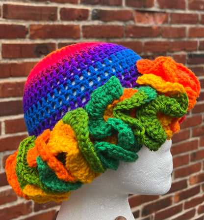 Rainbow Crochet Ruffle Hat