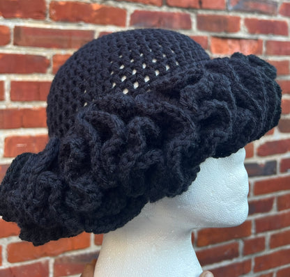 Black Crochet Ruffle Hat