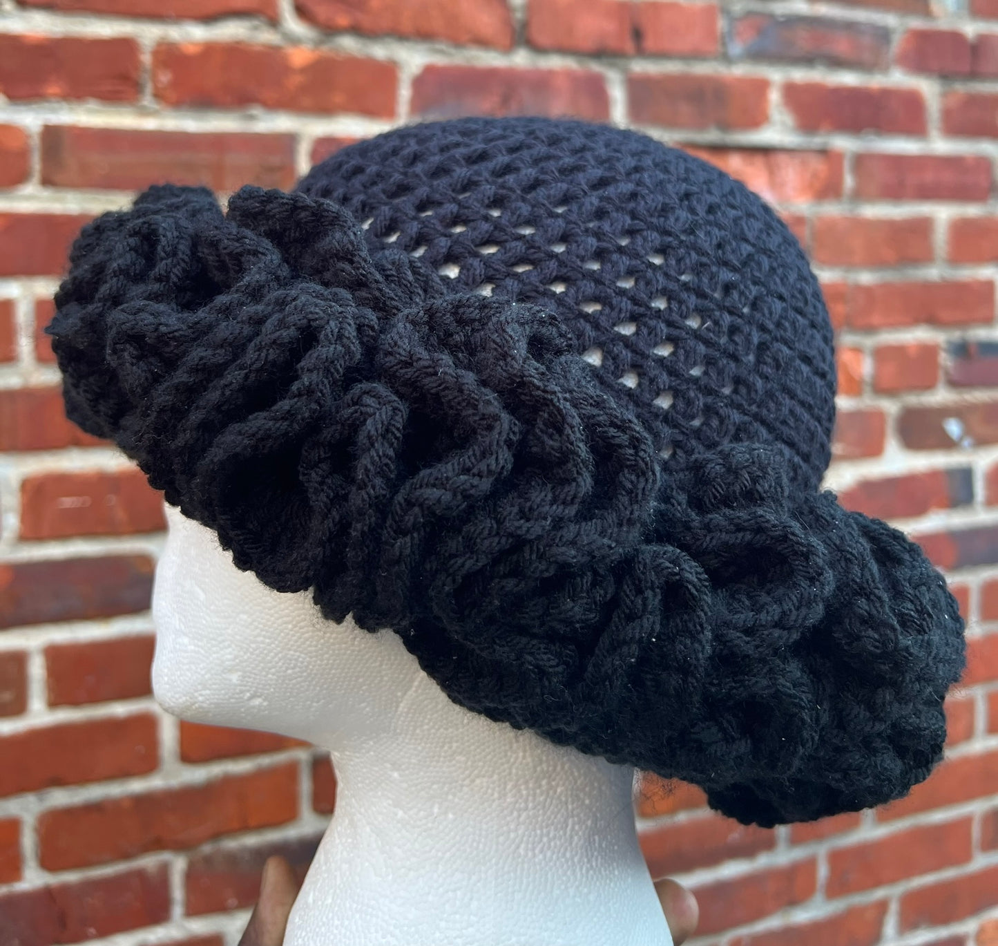 Black Crochet Ruffle Hat